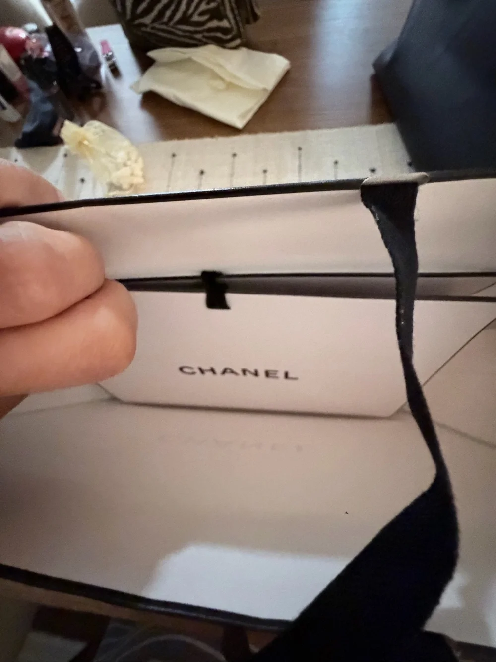 CHANEL White and Black Small Jewelry Gift Bag with Black Ribbon